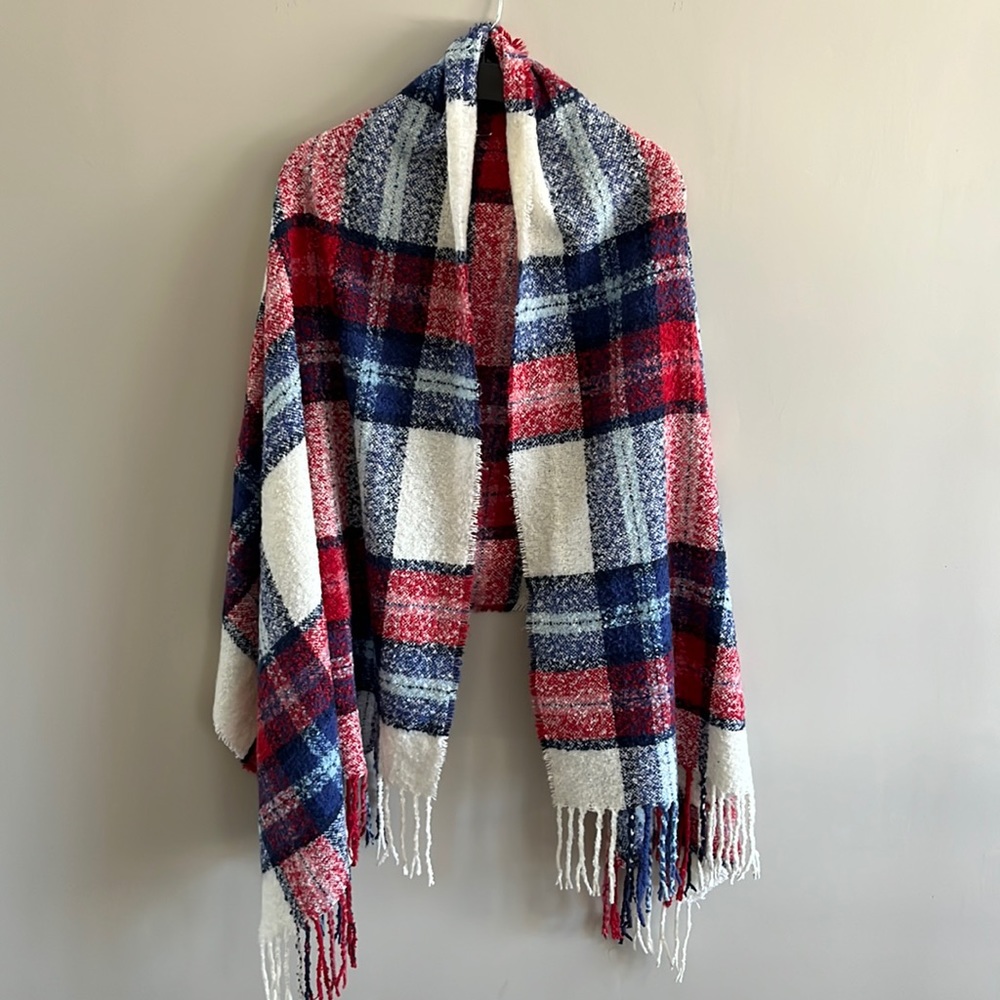 Aerie Blanket Scarf with Fringe Red White Blue